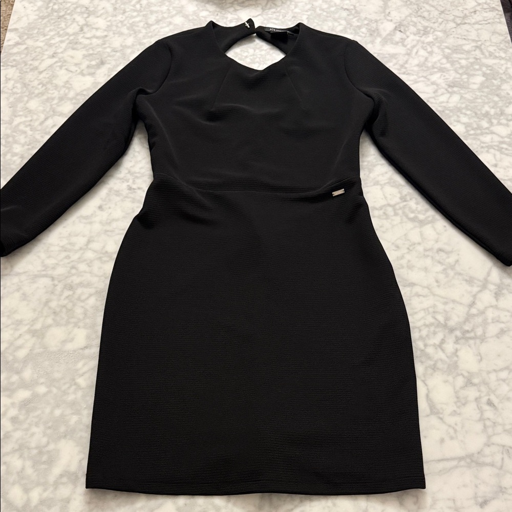 Armani Exchange Black Long Sleeve Fitted Sheath Dress with Keyhole Back